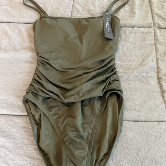 La Blanca Island Goddess Lingerie Olive Green Ruched One Piece Swimsuit Size 2 - Picture 3 of 6